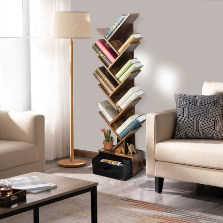10-Tier Tree Bookcase with Drawer for Storage-Brown
