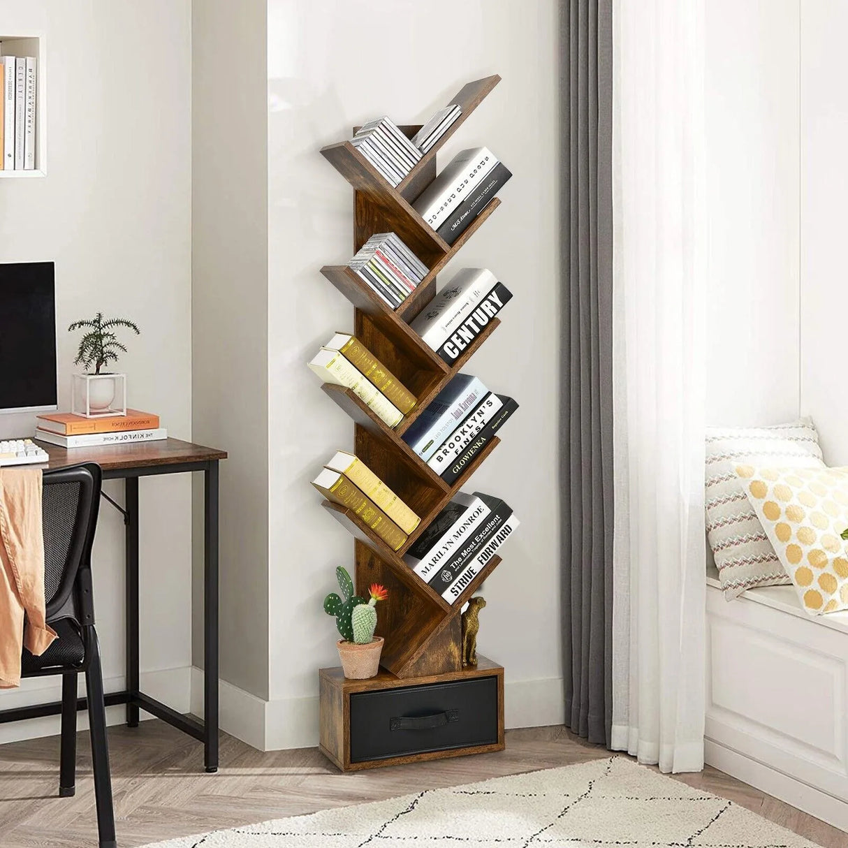 10-Tier Tree Bookcase with Drawer for Storage-Brown