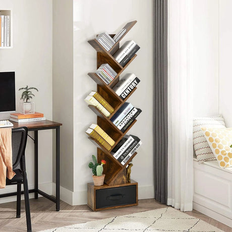 10-Tier Tree Bookcase with Drawer for Storage-Brown