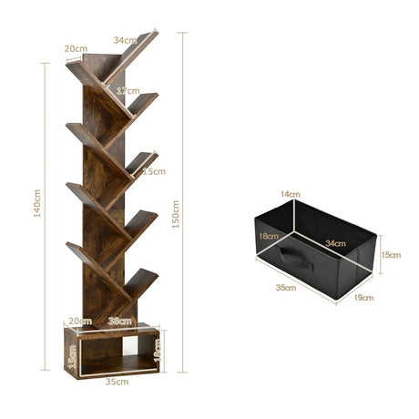 10-Tier Tree Bookcase with Drawer for Storage-Brown