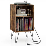 3-Tier Record Player Stand with Charging Station Shelf and 4 Dividers-Rustic Brown