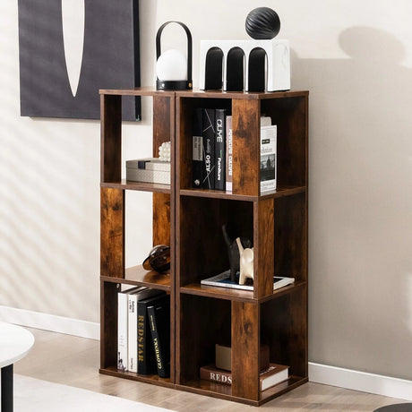 Freestanding 3-tier Bookshelf with 6 Compartments for Living Room/Bedroom-Coffee