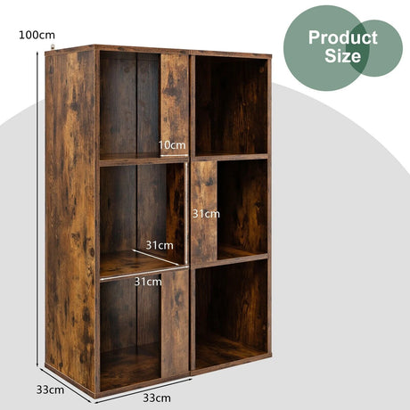 Freestanding 3-tier Bookshelf with 6 Compartments for Living Room/Bedroom-Coffee