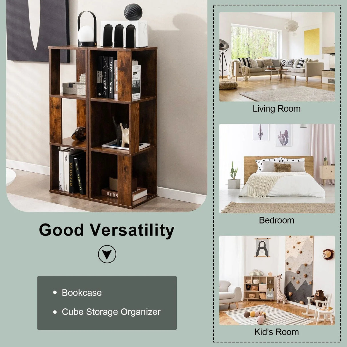 Freestanding 3-tier Bookshelf with 6 Compartments for Living Room/Bedroom-Coffee