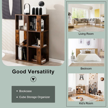 Freestanding 3-tier Bookshelf with 6 Compartments for Living Room/Bedroom-Coffee