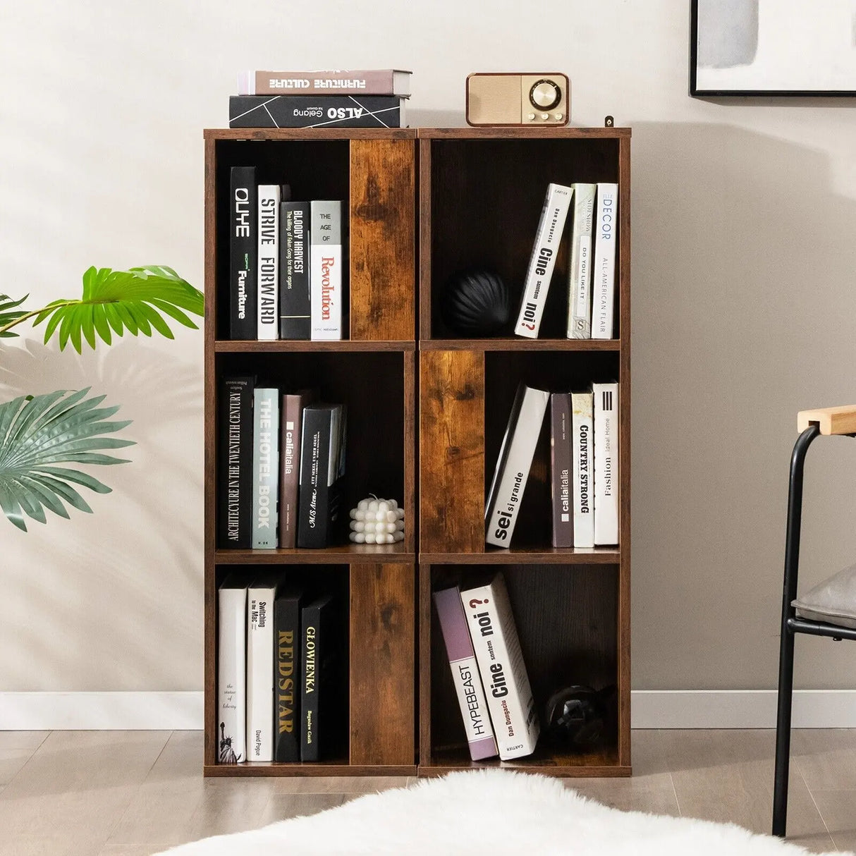 Freestanding 3-tier Bookshelf with 6 Compartments for Living Room/Bedroom-Coffee