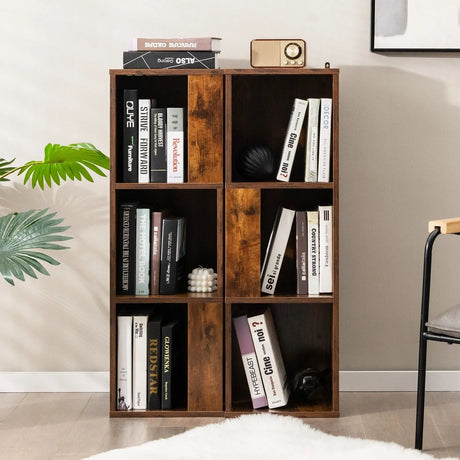 Freestanding 3-tier Bookshelf with 6 Compartments for Living Room/Bedroom-Coffee