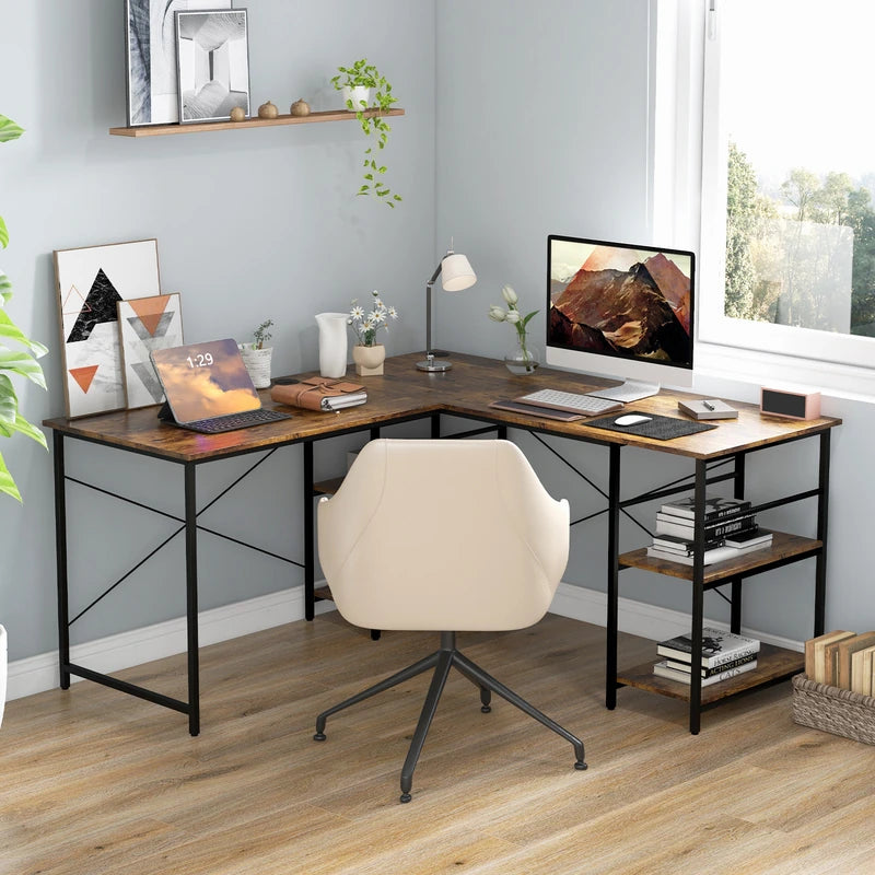 151CM Convertible L-shaped Computer Desk with 4 Storage Shelves for Home Office-Brown