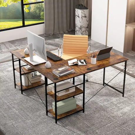 151CM Convertible L-shaped Computer Desk with 4 Storage Shelves for Home Office-Brown