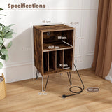 3-Tier Record Player Stand with Charging Station Shelf and 4 Dividers-Rustic Brown