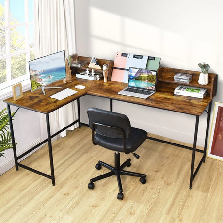 5.5 Inch L-shaped Computer Desk with Bookshelf-Rustic Brown