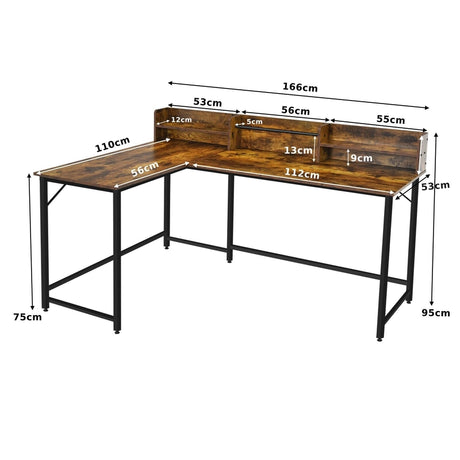 5.5 Inch L-shaped Computer Desk with Bookshelf-Rustic Brown
