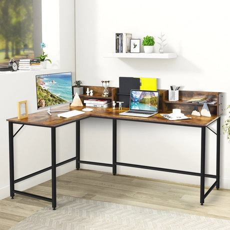 5.5 Inch L-shaped Computer Desk with Bookshelf-Rustic Brown