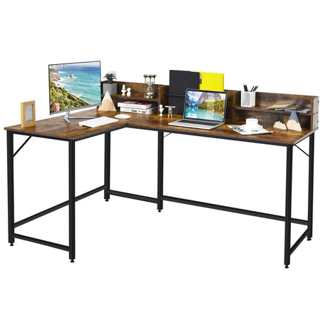 5.5 Inch L-shaped Computer Desk with Bookshelf-Rustic Brown