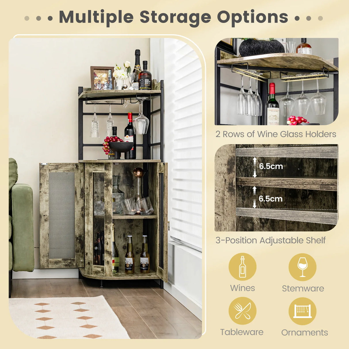 Industrial Corner Bar Cabinet with Glass Holder and Adjustable Shelf-Rustic Brown