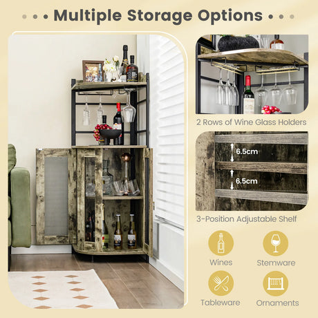 Industrial Corner Bar Cabinet with Glass Holder and Adjustable Shelf-Rustic Brown