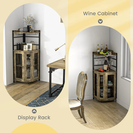 Industrial Corner Bar Cabinet with Glass Holder and Adjustable Shelf-Rustic Brown