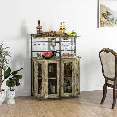 Industrial Corner Bar Cabinet with Glass Holder and Adjustable Shelf-Rustic Brown