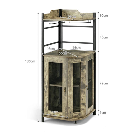 Industrial Corner Bar Cabinet with Glass Holder and Adjustable Shelf-Rustic Brown