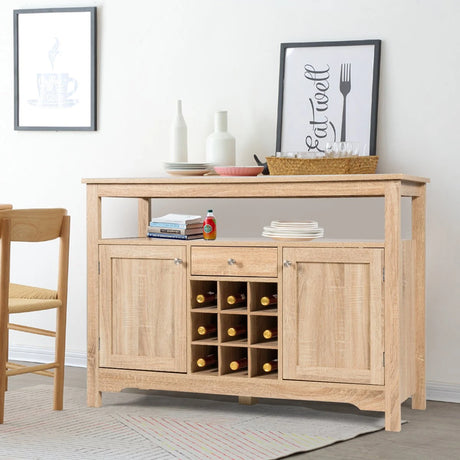Rustic Cupboard Storage Organizer with 2 Cabinets and 1 Drawer 9-Bottle Wine Rack-Natural