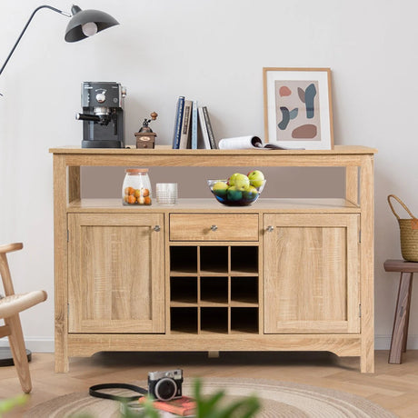 Rustic Cupboard Storage Organizer with 2 Cabinets and 1 Drawer 9-Bottle Wine Rack-Natural