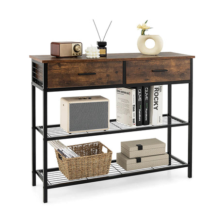 100cm Console Table with 2 Drawers &amp; 2-Tier Shelves &amp; Anti-Toppling Design-Brown