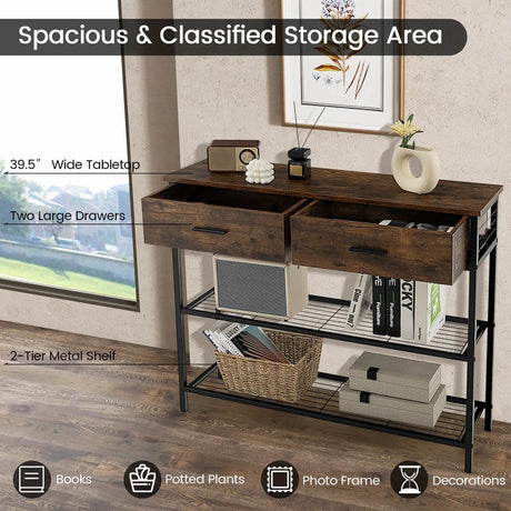 100cm Console Table with 2 Drawers &amp; 2-Tier Shelves &amp; Anti-Toppling Design-Brown