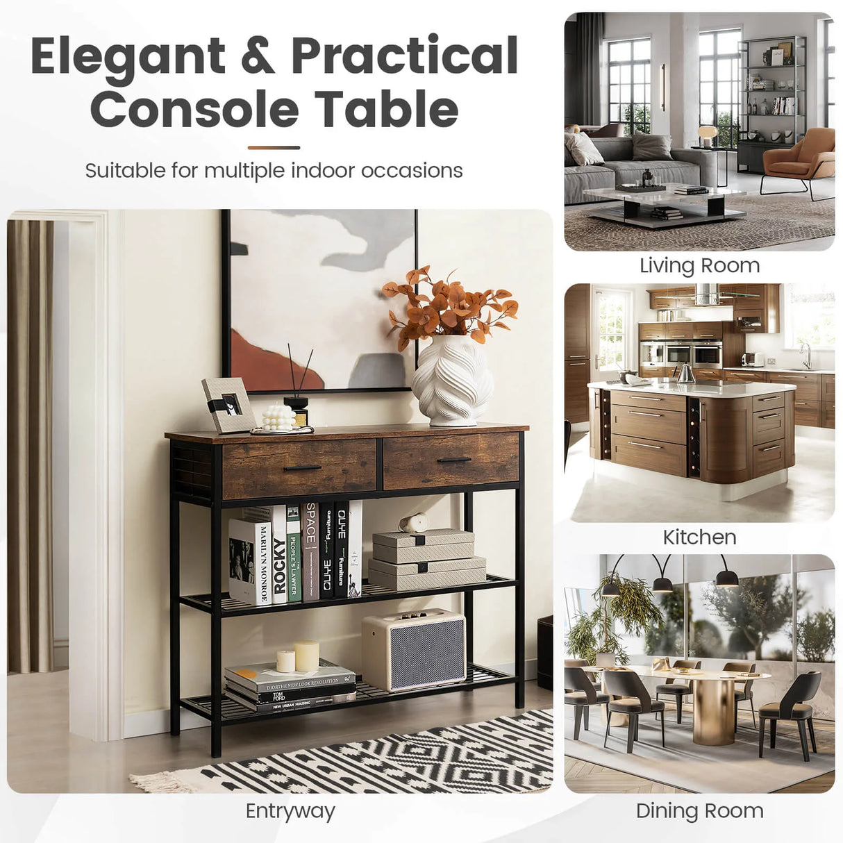 100cm Console Table with 2 Drawers &amp; 2-Tier Shelves &amp; Anti-Toppling Design-Brown