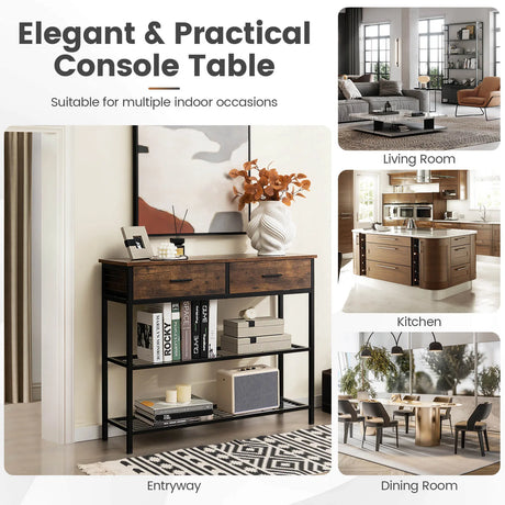 100cm Console Table with 2 Drawers &amp; 2-Tier Shelves &amp; Anti-Toppling Design-Brown