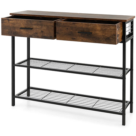 100cm Console Table with 2 Drawers &amp; 2-Tier Shelves &amp; Anti-Toppling Design-Brown