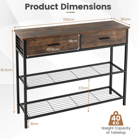 100cm Console Table with 2 Drawers &amp; 2-Tier Shelves &amp; Anti-Toppling Design-Brown