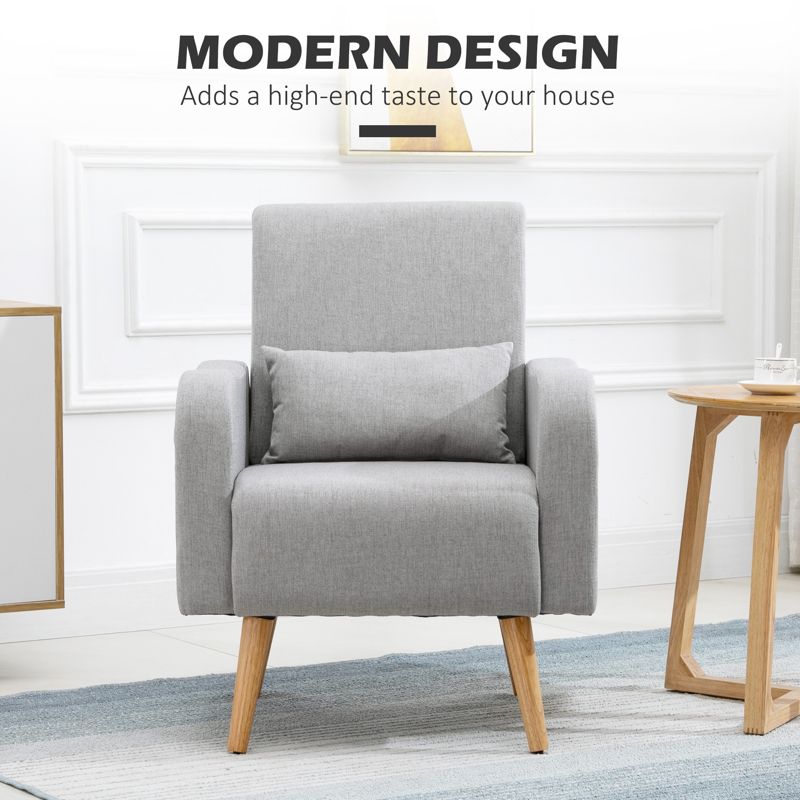 HOMCOM Accent Chair, Linen-Touch Armchair with Pillow, Upholstered Leisure Lounge Sofa for Living Room, Club Chair with Rubber Wooden Frame, Grey