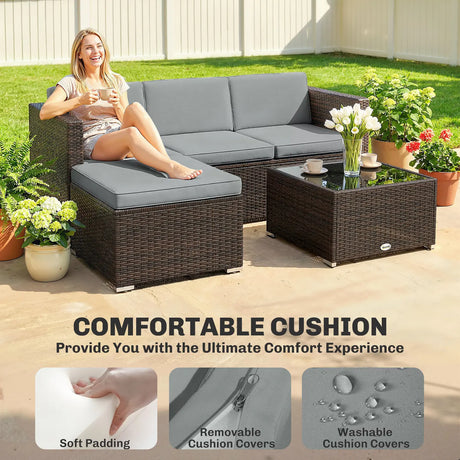 Outsunny 3 Pieces Garden Furniture Set w/ Cushions, PE Rattan Wicker Conversation Corner Sofa Set, Light Grey