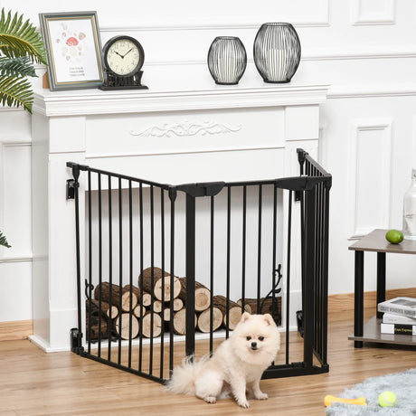 PawHut Pet Safety Gate, 3 Panels Playpen Fireplace, Foldable Metal Fence, Stair Barrier, Room Divider, Fire Guard w/ Automatic Closing Door, Black