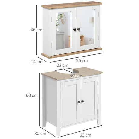 kleankin Bathroom Furniture Set, Mirror Cabinet Wall Mounted with Adjustable Shelf, Bathroom Sink Cabinet with Storage, White and Wood Grain