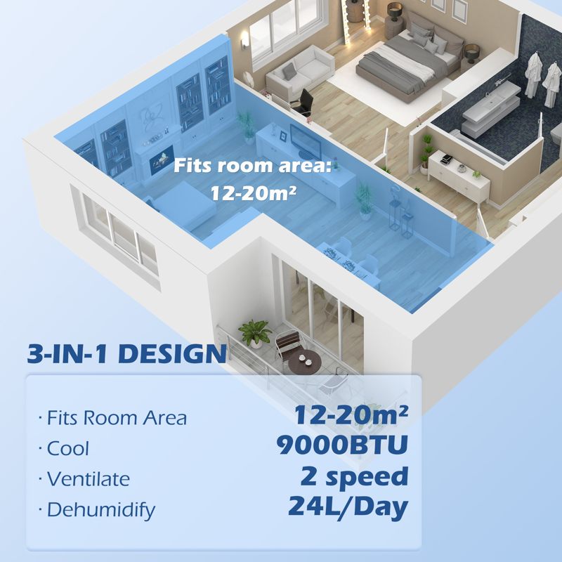 HOMCOM 7,000 BTU Mobile Air Conditioner for Room up to 26m2, with Dehumidifier, 24H Timer, Wheels, Window Mount Kit