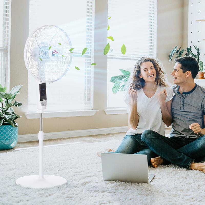 HOMCOM 16'' Pedestal Stand Fan, 3 Speed 3 Mode, 85 Oscillation, LED Panel, 3M Remote Controller, Height Adjustable for Living Room, Bedroom, Garage, Office, Black and White