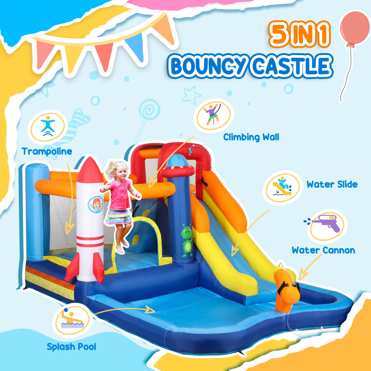 AIYAPLAY 5 in 1 Bouncy Castle for Children with 550W Blower, Water Slide, Splash Pool, Jumping Area, Climbing Wall, Cannon