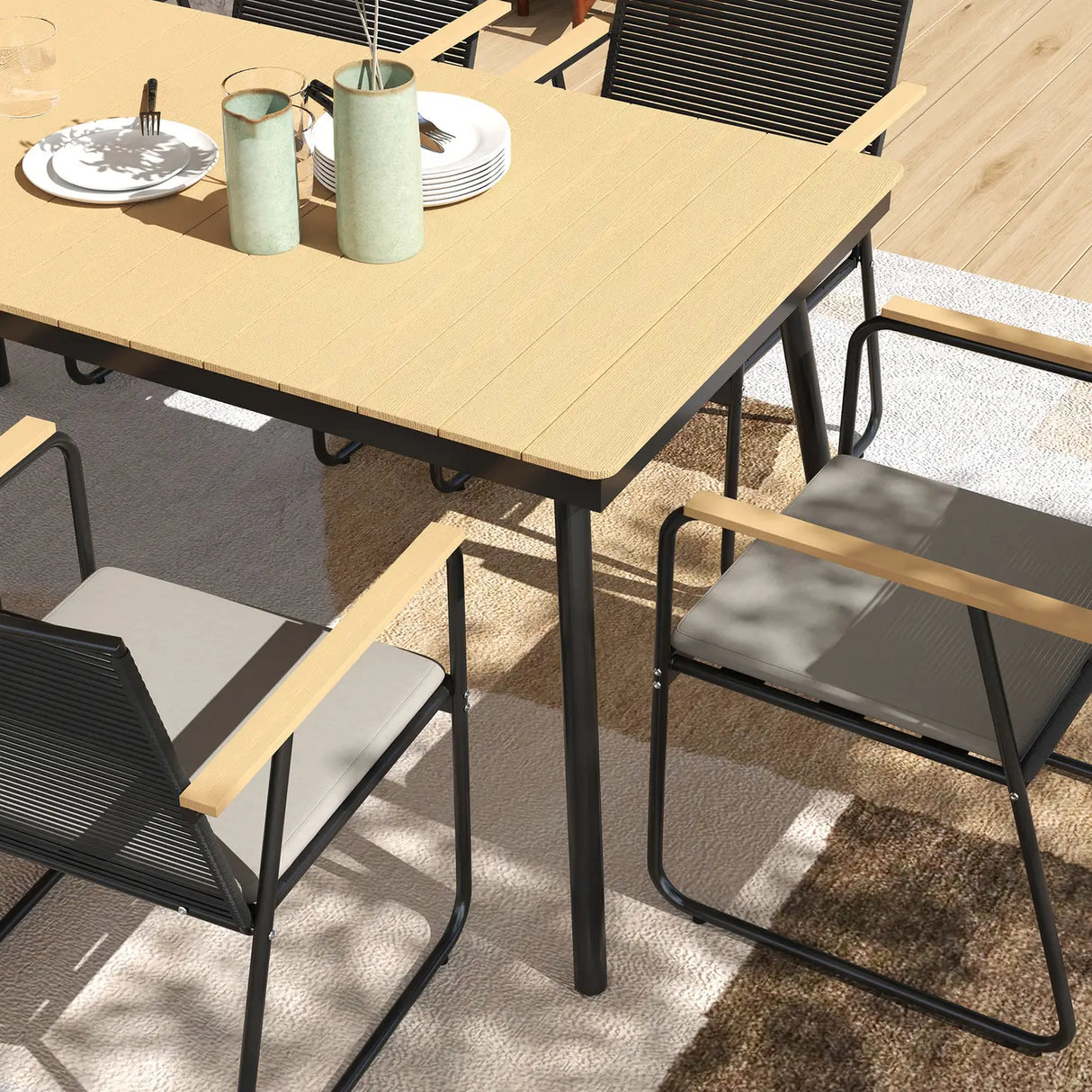 Outsunny 6 Seater Garden Dining Set with Soft Cushions, Rattan Backrest, Rectangular Plastic Top, Garden Furniture Set, Outdoor Dining Table and Chairs for Patio, Balcony, Poolside, Nature Wood Finish