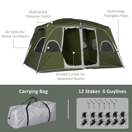 Outsunny Camping Tent, Family Tent 4-8 Person 2 Room, with Large Mesh Windows, Easy Set Up for Backpacking Hiking Outdoor, Green