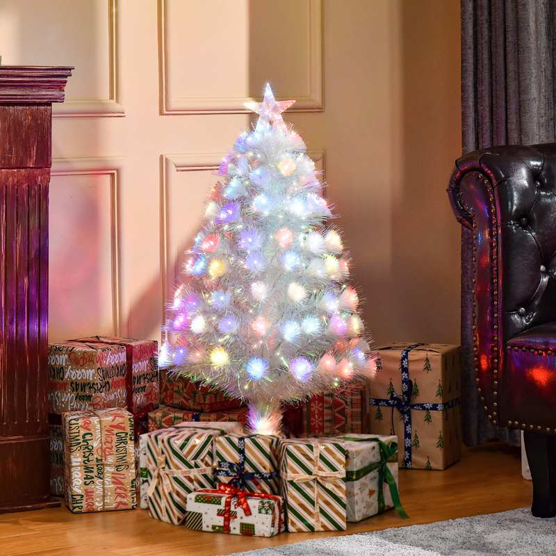 HOMCOM 3FT Pre-Lit Artificial Christmas Tree w/ Fibre Optic LED Lights Holiday Home Xmas Decoration-White