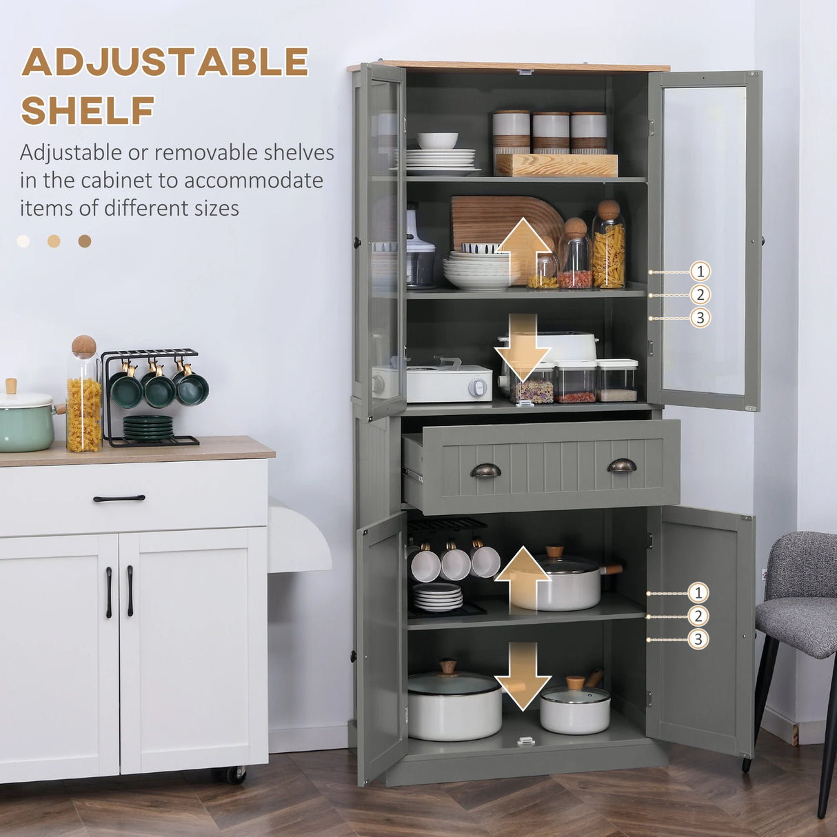 HOMCOM 180cm Tall Kitchen Pantry Cupboard, Freestanding Storage Cabinet with 5 Tier, Adjustable Shelves,  Drawer, Grey