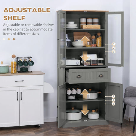 HOMCOM 180cm Tall Kitchen Pantry Cupboard, Freestanding Storage Cabinet with 5 Tier, Adjustable Shelves,  Drawer, Grey