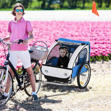 HOMCOM 2 Seat Bike Trailer Bicycle wagon for Kids Child Steel Frame Safety Harness Seat Carrier Hitch Coupler Blue White 130 x 76 x 88 cm