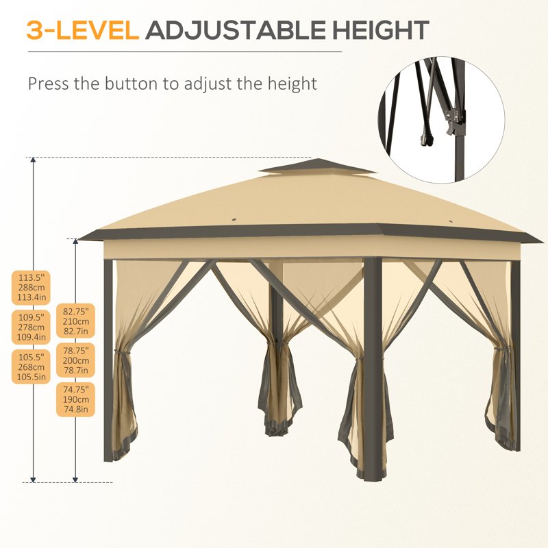 Outsunny 3.3 x 3.3m Pop Up Gazebo, Double Roof Foldable Canopy Tent with Zipped Mesh Sidewalls, Height Adjustable and Carrying Bag, Event Tent for Patio Garden, Beige