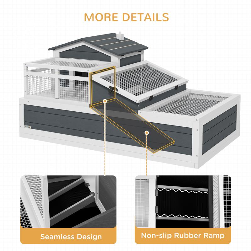 PawHut Tortoise House 3-Room with 2 Stories, Ladder, Balcony, Tray, Openable Roof, 59H x 112L x 65Wcm, Grey