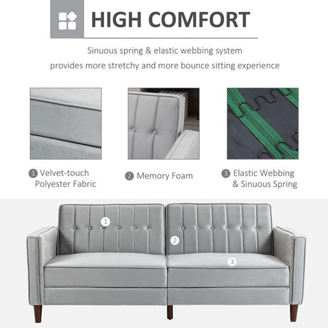 HOMCOM Modern Convertible Sofa Futon Velvet-Touch Tufted Couch Compact Loveseat with Adjustable Split Back, Light Grey