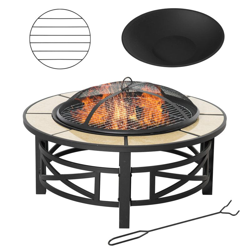 Outsunny 2-in-1 Φ84cm Metal Large Fire Pit, Outdoor Firepit Bowl with Grill, Spark Screen Cover, Fire Poker for BBQ, Garden, Bonfire, Patio, Black