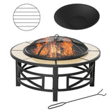 Outsunny 2-in-1 Φ84cm Metal Large Fire Pit, Outdoor Firepit Bowl with Grill, Spark Screen Cover, Fire Poker for BBQ, Garden, Bonfire, Patio, Black