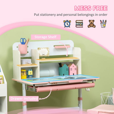 HOMCOM Kids Desk and Chair Set, with Storage Shelves, Washable Cover, for Ages 3-12 Years - Pink